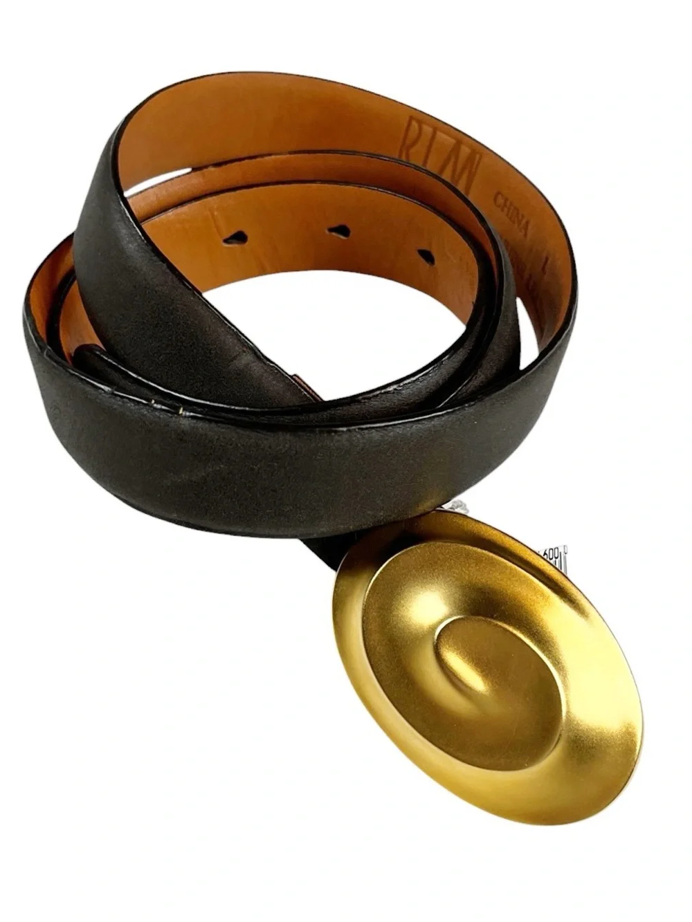RLM STUDIO Earthy Brown Matte Leather Belt Goldtone Swirl Buckle Size Large